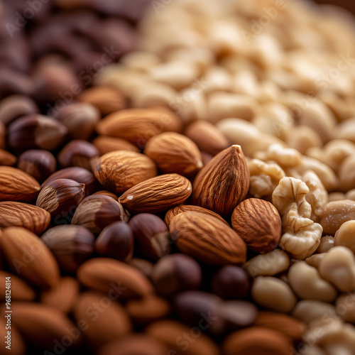 simple nuts composition; mix of different kinds of nuts: almonds, hazelnuts, walnuts, cashew nuts; concept of healthy snack photo