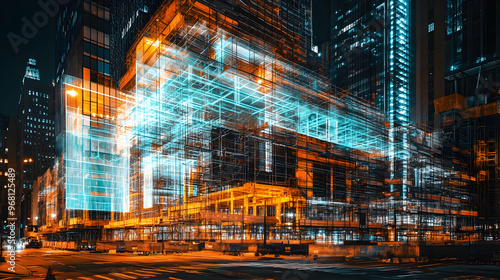 Fototapeta Naklejka Na Ścianę i Meble -  Futuristic architectural design projection overlay on a city block under construction at night