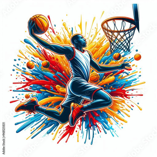 Vibrant basketball player leaping towards hoop with colorful splashes

