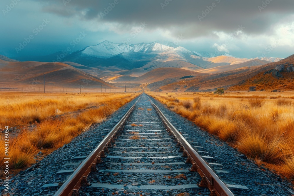 Fototapeta premium Train track that is going through a field
