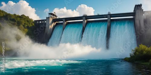 Hydroelectric power station discharges water photo