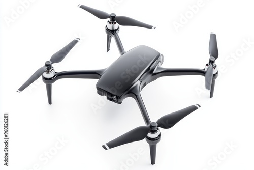 A black drone with four propellers is isolated on a white background. The drone is in a flying position, with the propellers spinning. The drone is a symbol of technology, innovation, and the future.