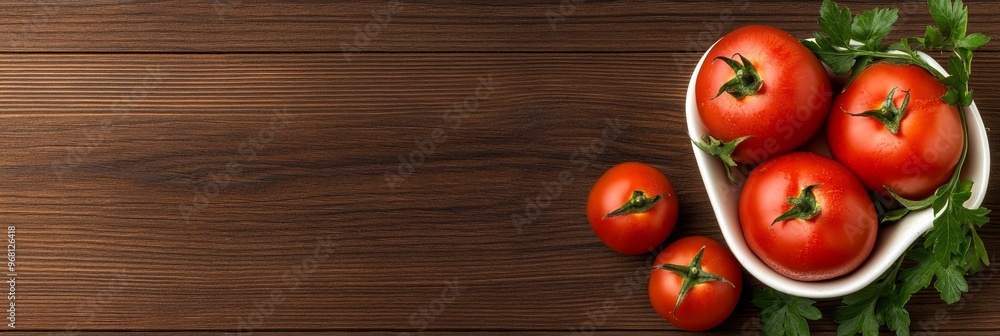 A bowl of plump red tomatoes, freshly harvested, sits on a rustic wooden table, signifying healthy eating, vibrant flavor, and the bounty of nature. Parsley adds a touch of freshness and color to the A bowl of plump red tomatoes, freshly harvested, sits on a rustic wooden table, signifying healthy eating, vibrant flavor, and the bounty of nature. Parsley adds a touch of freshness and color to the
