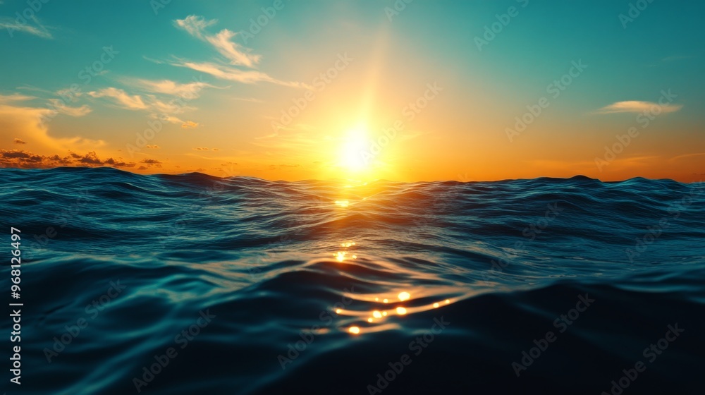 Obraz premium A breathtaking sunset casts a warm glow over the rippling ocean waves, evoking feelings of tranquility, peace, and the vastness of nature. The vibrant colors symbolize hope, new beginnings, and the be