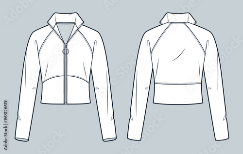 Zipped Jacket technical fashion illustration. Roll Neck Sweatshirt fashion flat technical drawing template, relaxed fit, front and back view, white, women, men, unisex CAD mockup.