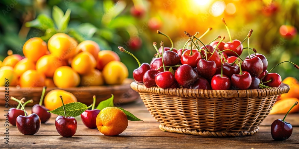 A Basket Full of Ripe Cherries with a Sunny Orchard Background, basket, fruit, cherry , , A Basket Full of Ripe Cherries with a Sunny Orchard Background, basket, fruit, cherry , ,