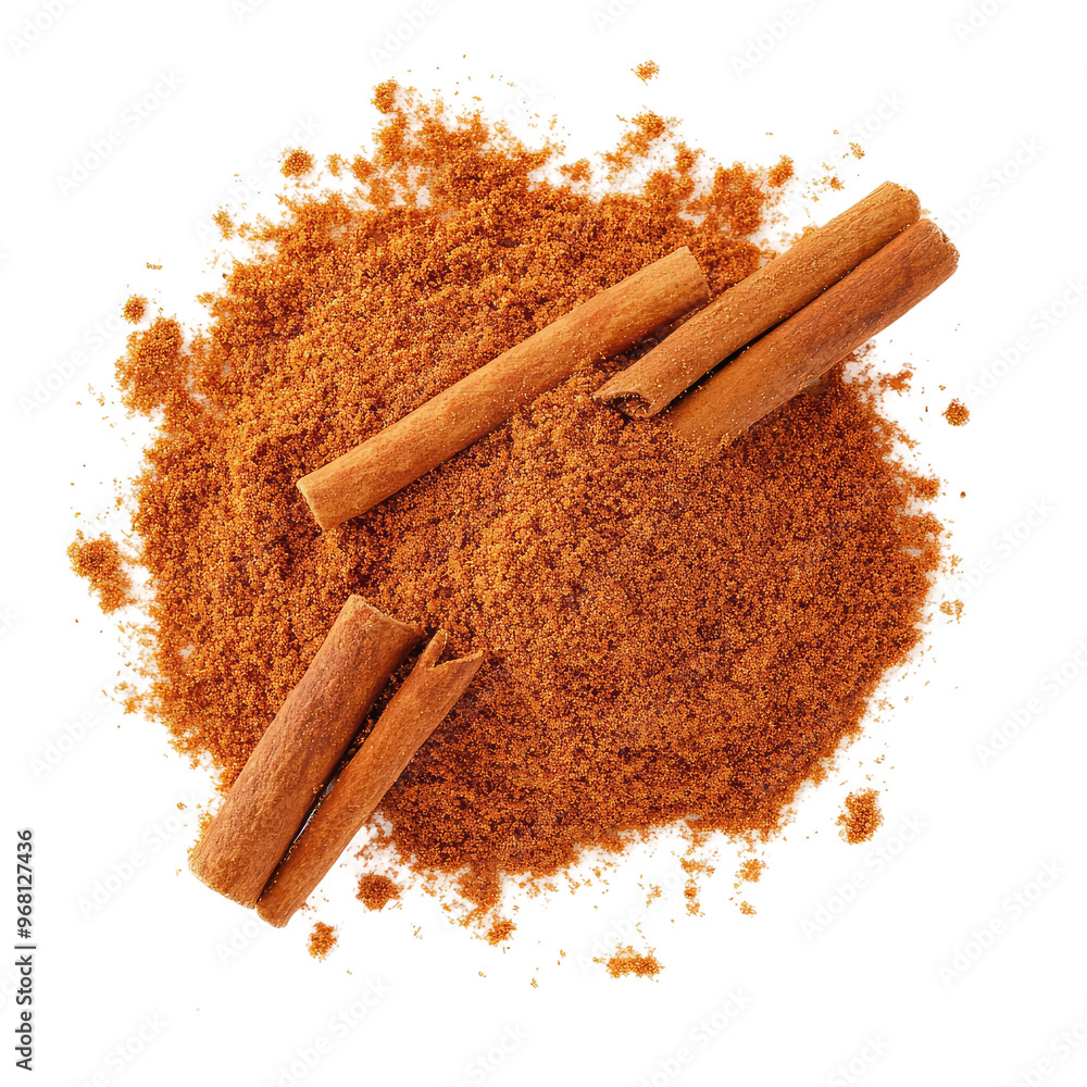 Close-up of cinnamon sticks and ground cinnamon powder, a warm and inviting spice.