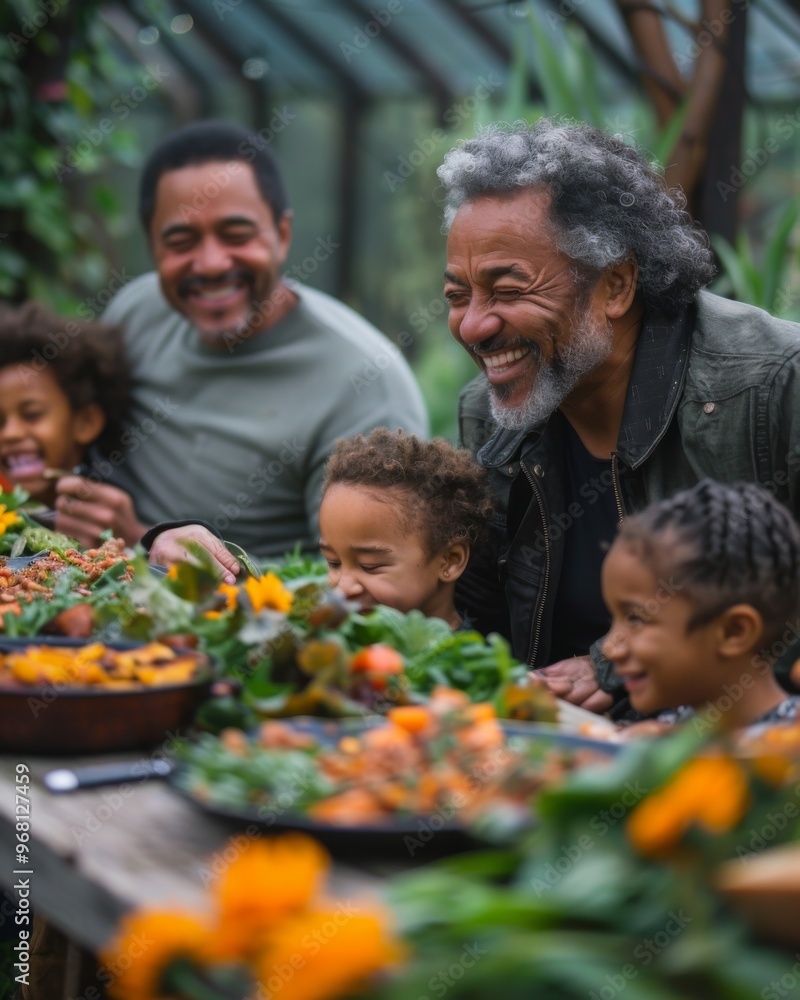 a multi-generational family gathered in a backyard, laughing and enjoying a meal together a multi-generational family gathered in a backyard, laughing and enjoying a meal together