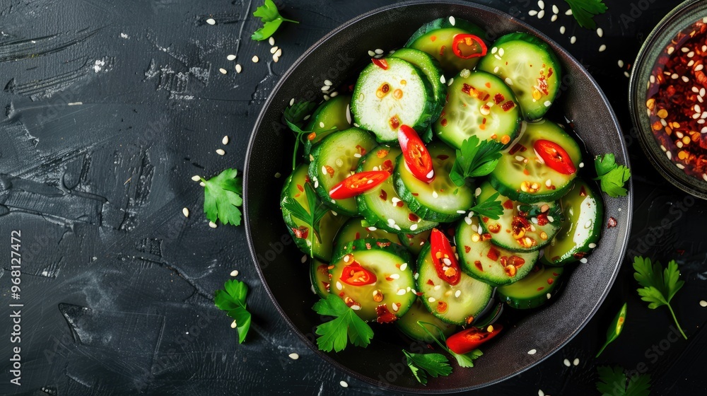 Chinese cucumber salad with chili and sesame on black background viewed from top with space for text. Chinese cucumber salad with chili and sesame on black background viewed from top with space for text.