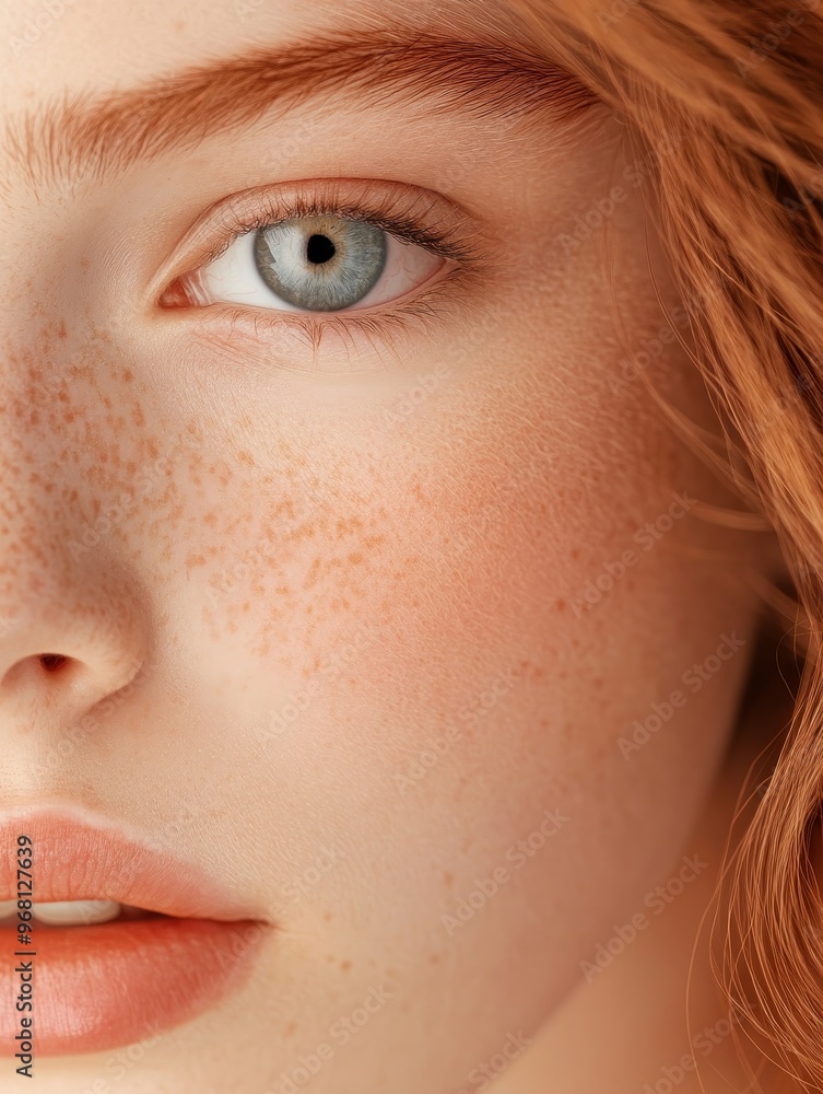 Obraz premium A close-up image of a woman's eye, showcasing her natural beauty. The image features freckles, soft lighting, and a gentle expression, suggesting a sense of vulnerability and introspection.