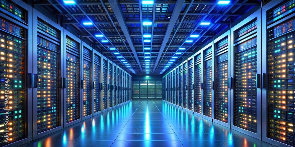 A Digital Corridor Blue and White Server Racks Glowing in a Data Center, 3D Render, Servers, Data Center, Technology A Digital Corridor Blue and White Server Racks Glowing in a Data Center, 3D Render, Servers, Data Center, Technology
