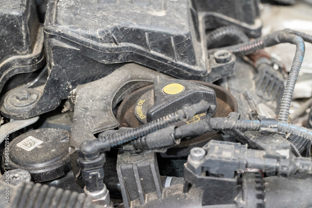 Car engine with oil filler, plastic casings Car engine with oil filler, plastic casings