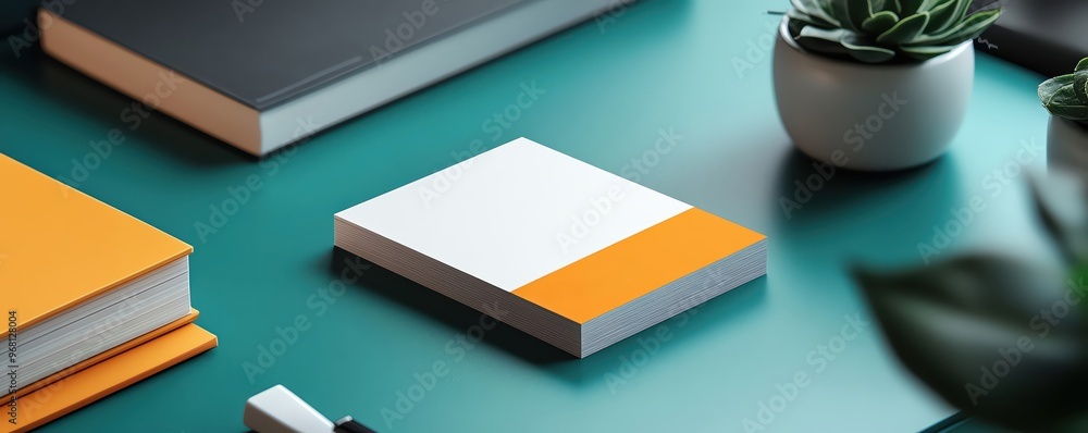 Blank sticky note pad with orange accent on teal surface Blank sticky note pad with orange accent on teal surface