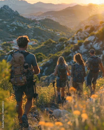 A group of friends hiking up a mountain trail
