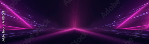 Empty neon studio stage, rays, horizon.