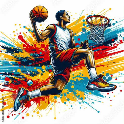 Vibrant basketball player leaping towards hoop with colorful splashes

