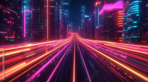 A glowing neon highway cuts through a modern city at night. The straight road stretches into the distance, giving a futuristic feel.