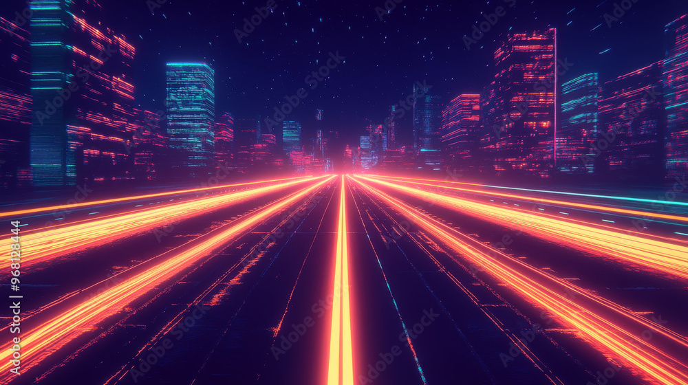 A glowing neon highway cuts through a modern city at night. The straight road stretches into the distance, giving a futuristic feel. A glowing neon highway cuts through a modern city at night. The straight road stretches into the distance, giving a futuristic feel.