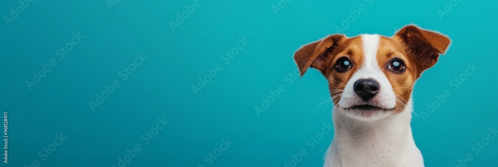 A close-up portrait of a Jack Russell Terrier looking up with a curious expression against a bright blue background, symbolizing innocence, playfulness, and joy. A close-up portrait of a Jack Russell Terrier looking up with a curious expression against a bright blue background, symbolizing innocence, playfulness, and joy.