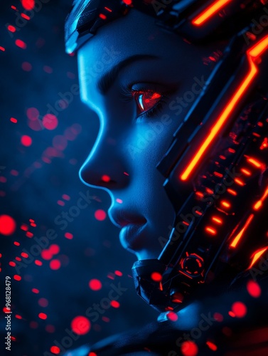 A close-up portrait of a futuristic female warrior, illuminated by neon lights, symbolizing strength, technology, cyberpunk, artificial intelligence, and human evolution. photo