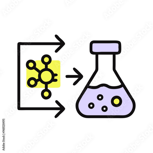 Chemical reaction icon with molecule and flask representing scientific experiment