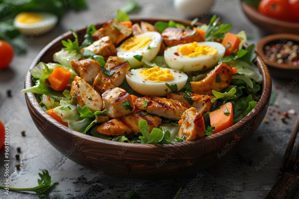 Delicious Grilled Chicken Salad with Eggs and Fresh Vegetables Delicious Grilled Chicken Salad with Eggs and Fresh Vegetables
