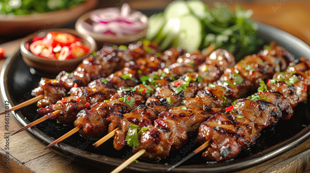 A plate of meat skewers with a side of vegetables A plate of meat skewers with a side of vegetables