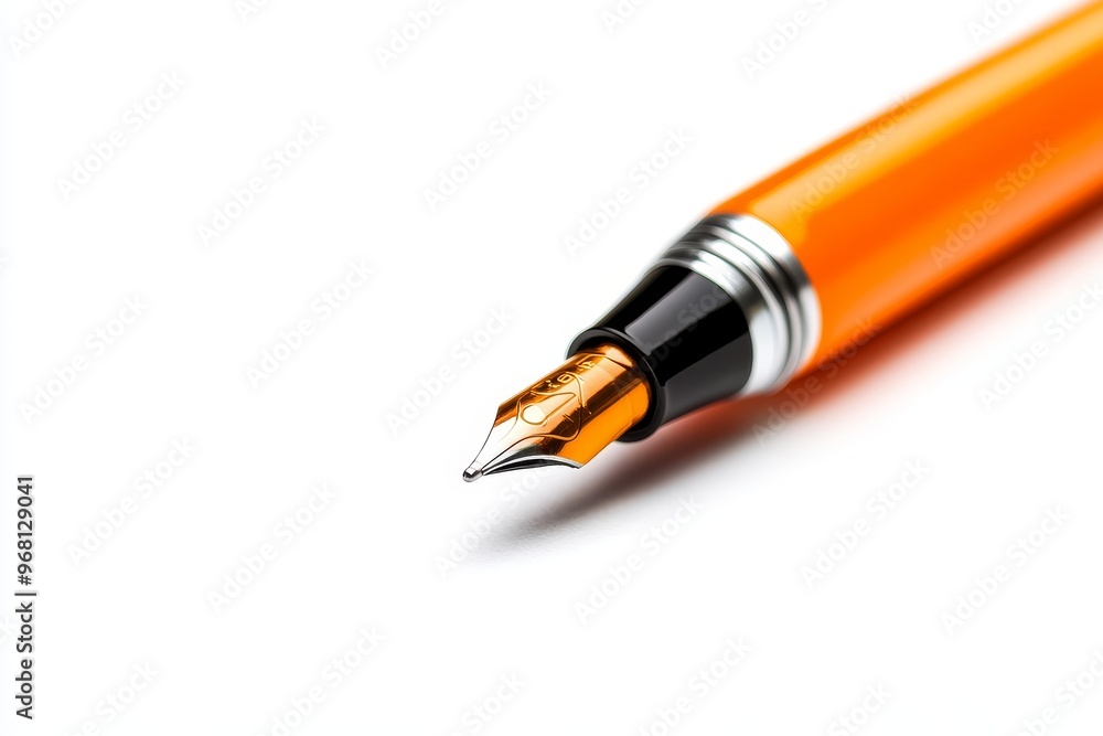 A close-up shot of an orange fountain pen with a gold nib, isolated on a white background. The pen is a symbol of creativity, writing, and communication, and is perfect for use in a variety of project A close-up shot of an orange fountain pen with a gold nib, isolated on a white background. The pen is a symbol of creativity, writing, and communication, and is perfect for use in a variety of project