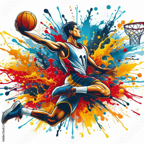 Vibrant basketball player leaping towards hoop with colorful splashes

