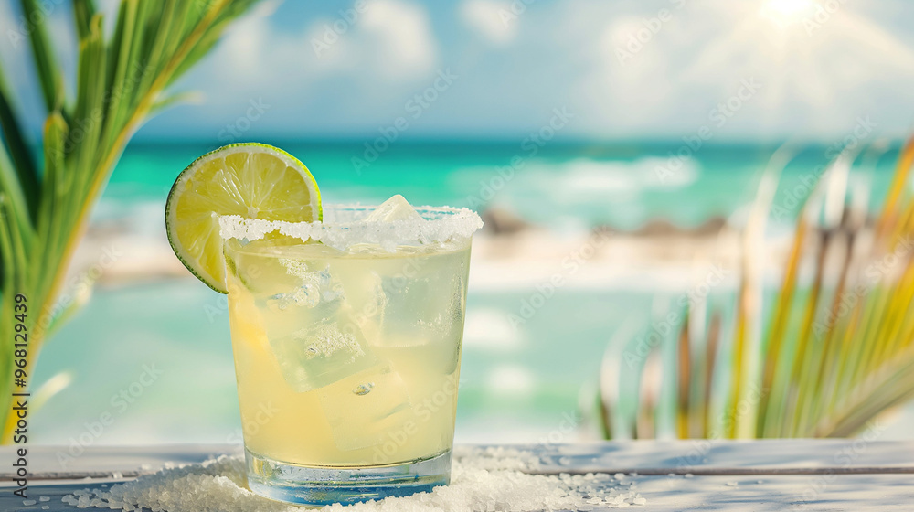 custom made wallpaper toronto digitalA classic margarita with a salted rim, lime wedge, and crushed ice in a glass tumbler. The background is a lively beachside bar with music playing and waves crashing in the distance.