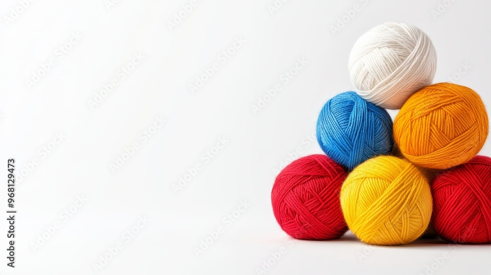 A collection of colorful yarn balls in various shades of red, blue, yellow, orange and white, arranged in a pyramid shape, perfect for crafting and creating unique knitted or crocheted projects. A collection of colorful yarn balls in various shades of red, blue, yellow, orange and white, arranged in a pyramid shape, perfect for crafting and creating unique knitted or crocheted projects.