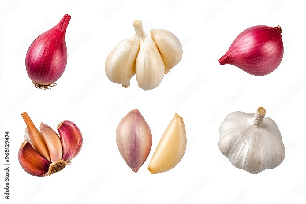 A collection of fresh garlic cloves and red onions isolated on a white background. Perfect for adding a touch of flavor and aroma to your dishes. These versatile ingredients are essential for any kitc A collection of fresh garlic cloves and red onions isolated on a white background. Perfect for adding a touch of flavor and aroma to your dishes. These versatile ingredients are essential for any kitc