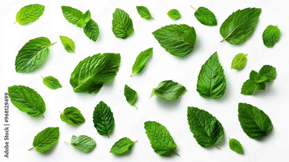 A collection of fresh mint leaves arranged on a clean white background. Perfect for use in food photography, culinary designs, or as a natural, refreshing element. Represents growth, vitality, and the A collection of fresh mint leaves arranged on a clean white background. Perfect for use in food photography, culinary designs, or as a natural, refreshing element. Represents growth, vitality, and the
