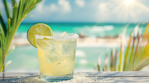 Wallpaper Mural A classic margarita with a salted rim, lime wedge, and crushed ice in a glass tumbler. The background is a lively beachside bar with music playing and waves crashing in the distance.  Torontodigital.ca