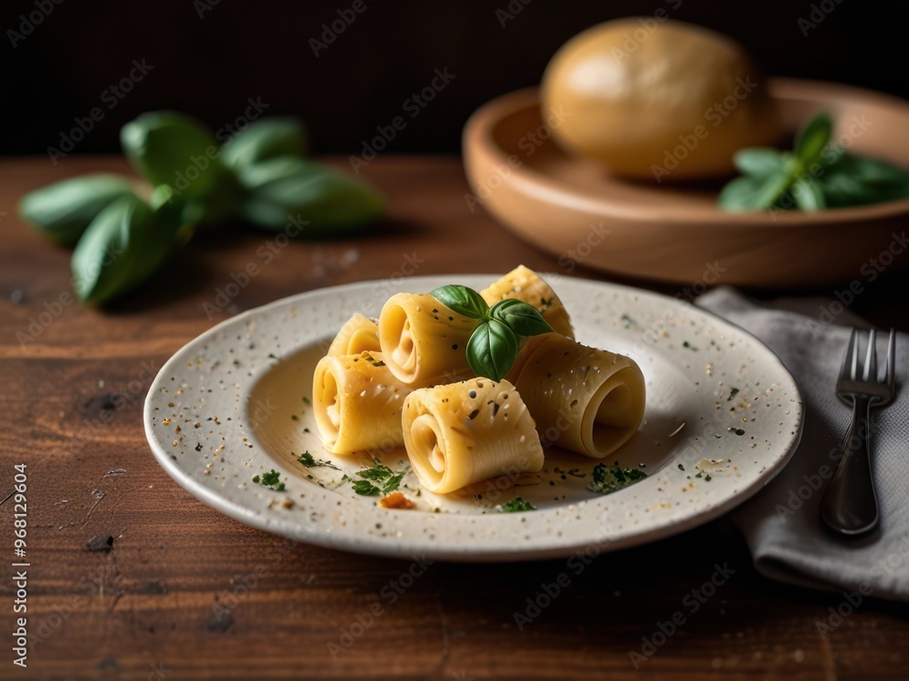 Elegant Paccheri Pasta Rolls Topped with Fresh Basil and Seasoning Elegant Paccheri Pasta Rolls Topped with Fresh Basil and Seasoning
