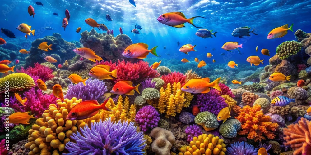 Fototapeta premium A Vibrant Underwater World with a Mix of Colorful Fish and Coral, Underwater Photography, Coral Reef, Ocean Life, Fish, Coral
