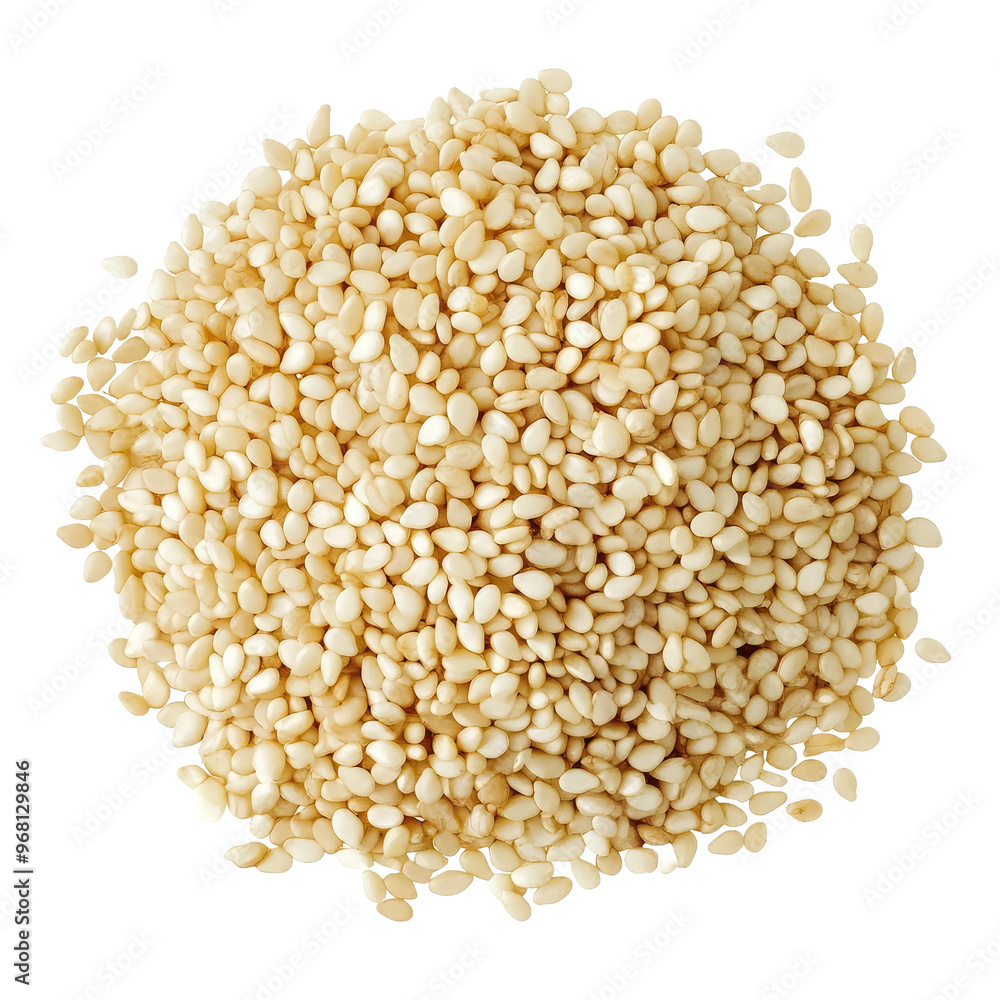 A close-up of a pile of sesame seeds, showcasing their creamy white color and delicate shape. A close-up of a pile of sesame seeds, showcasing their creamy white color and delicate shape.