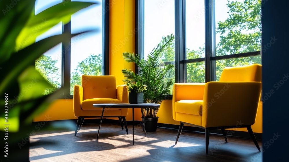 A contemporary office space featuring two vibrant yellow armchairs, a sleek coffee table, and a large window showcasing natural light. The minimalist design creates a welcoming and productive atmosphe A contemporary office space featuring two vibrant yellow armchairs, a sleek coffee table, and a large window showcasing natural light. The minimalist design creates a welcoming and productive atmosphe
