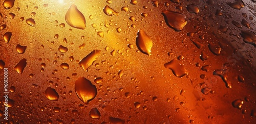 An orange background with sun rays shining through the glass of a beer bottle. Large droplets on the surface of a beer bottle. beer foam texture