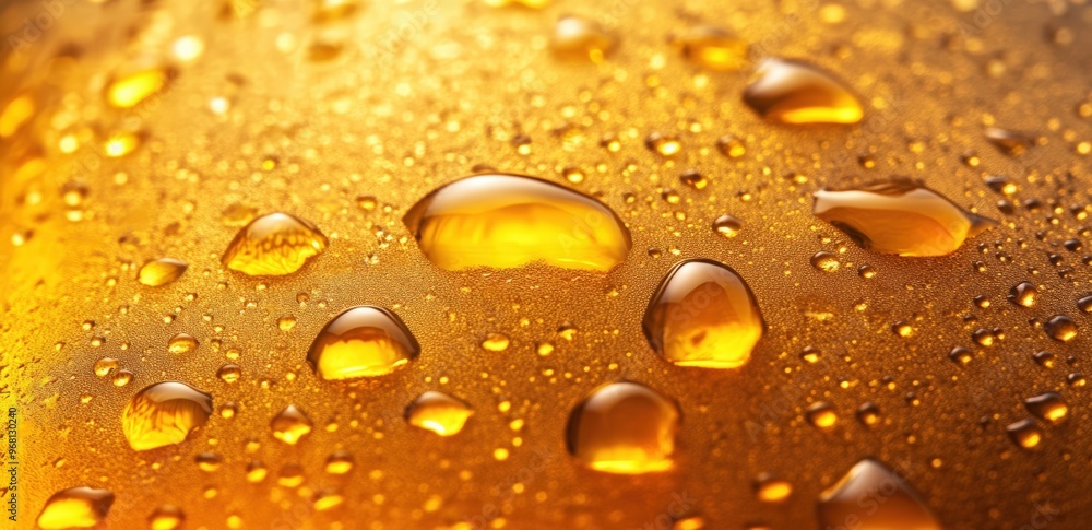 An orange background with sun rays shining through the glass of a beer bottle. Large droplets on the surface of a beer bottle. beer foam texture An orange background with sun rays shining through the glass of a beer bottle. Large droplets on the surface of a beer bottle. beer foam texture
