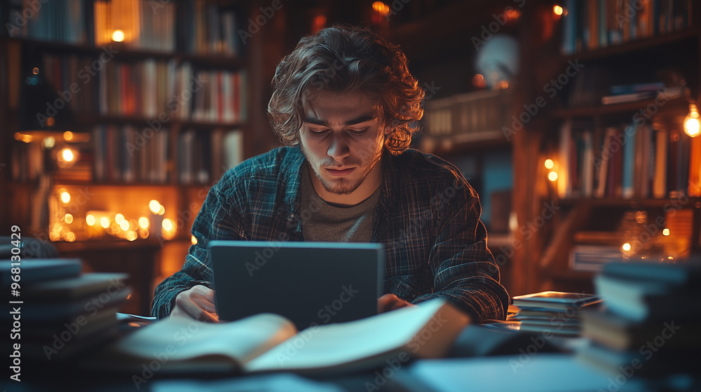 A student intensely focused on writing an essay, surrounded by notes, books, and a laptop screen glowing in the dim light. A student intensely focused on writing an essay, surrounded by notes, books, and a laptop screen glowing in the dim light.