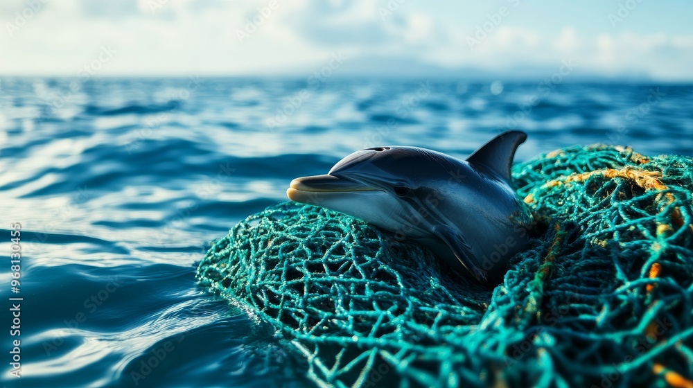 Dolphin Problem A dolphin is caught in a fishing net, highlighting the dangers of ocean ...