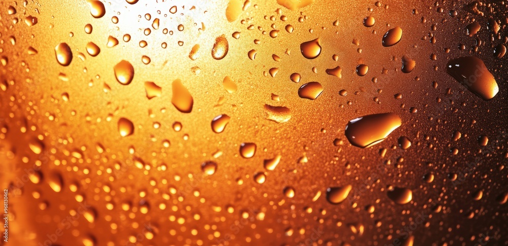 An orange background with sun rays shining through the glass of a beer bottle. Large droplets on the surface of a beer bottle. beer foam texture An orange background with sun rays shining through the glass of a beer bottle. Large droplets on the surface of a beer bottle. beer foam texture