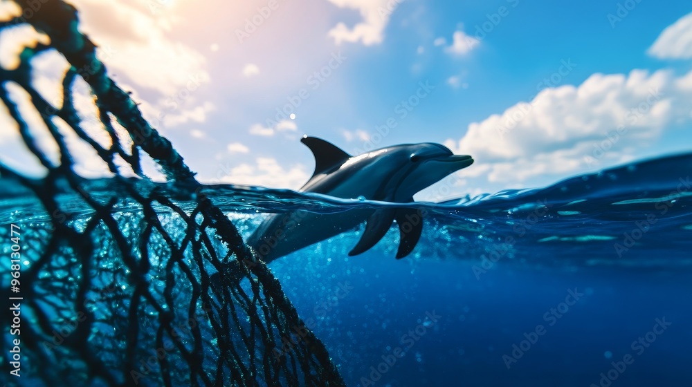 Fototapeta premium A dolphin swims through the water, entangled in a fishing net. This image is a powerful symbol of the dangers of ocean pollution, highlighting the need for sustainable fishing practices and environmen