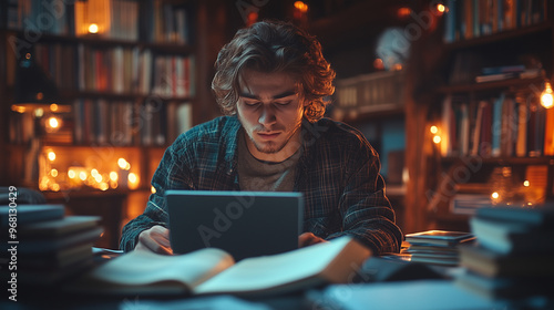 A student intensely focused on writing an essay, surrounded by notes, books, and a laptop screen glowing in the dim light.