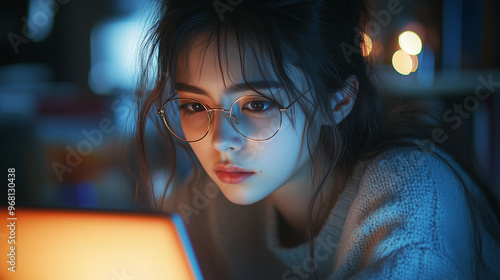 A student intensely focused on writing an essay, surrounded by notes, books, and a laptop screen glowing in the dim light. photo