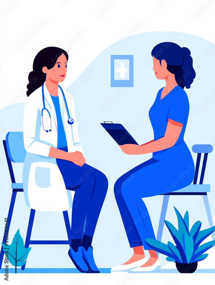 A female doctor sits facing a female patient, offering expert advice and consultation. The doctor holds a clipboard, representing the medical knowledge and care she provides. The patient sits attentiv A female doctor sits facing a female patient, offering expert advice and consultation. The doctor holds a clipboard, representing the medical knowledge and care she provides. The patient sits attentiv