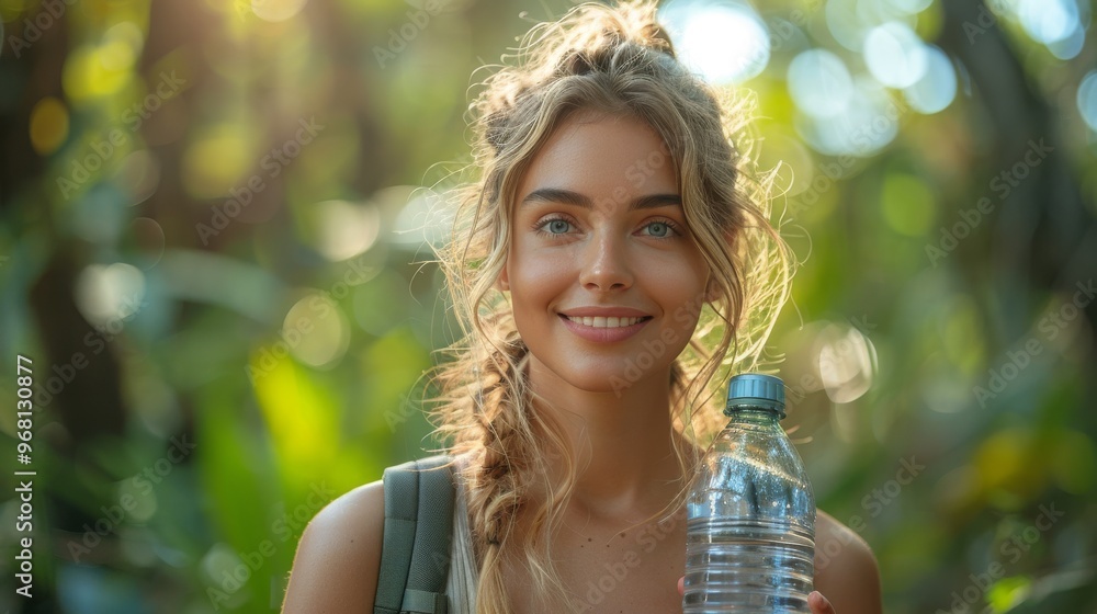 young woman holding a reusable water bottle, with a smile on her face, standing in a forest young woman holding a reusable water bottle, with a smile on her face, standing in a forest