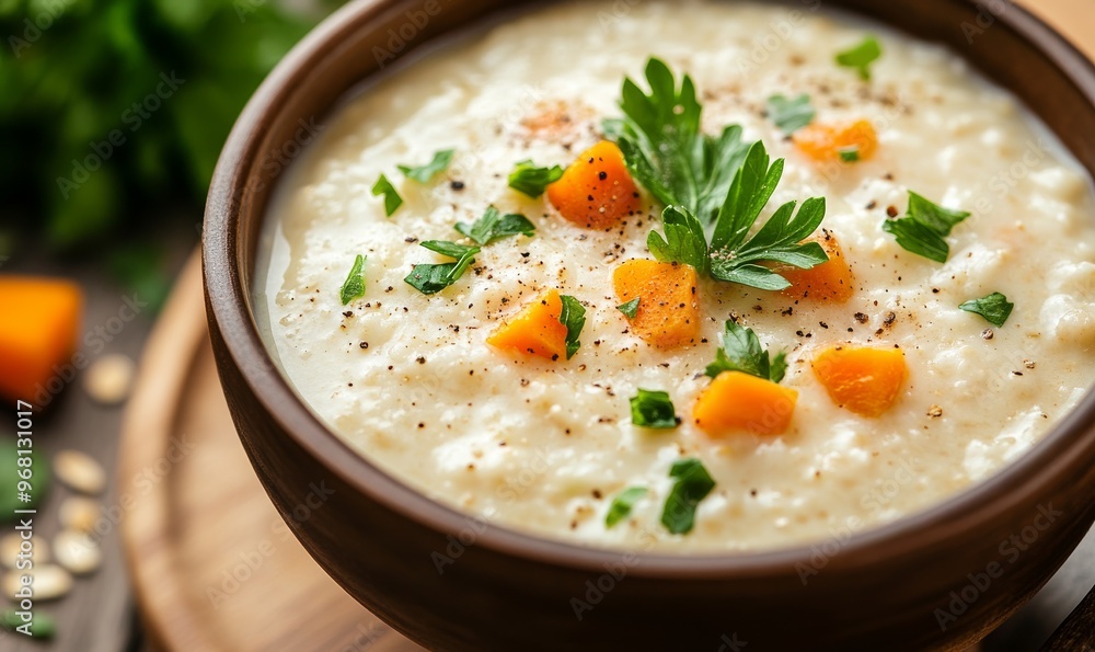 A Bowl of Creamy Soup With Pumpkin and Parsley A Bowl of Creamy Soup With Pumpkin and Parsley