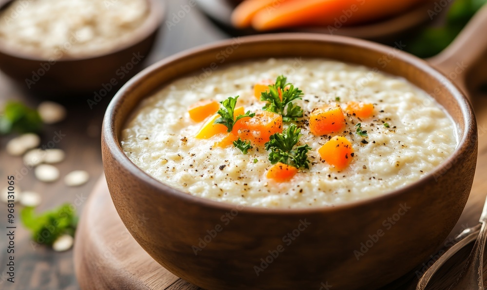 A Bowl of Creamy Soup With Pumpkin and Parsley A Bowl of Creamy Soup With Pumpkin and Parsley